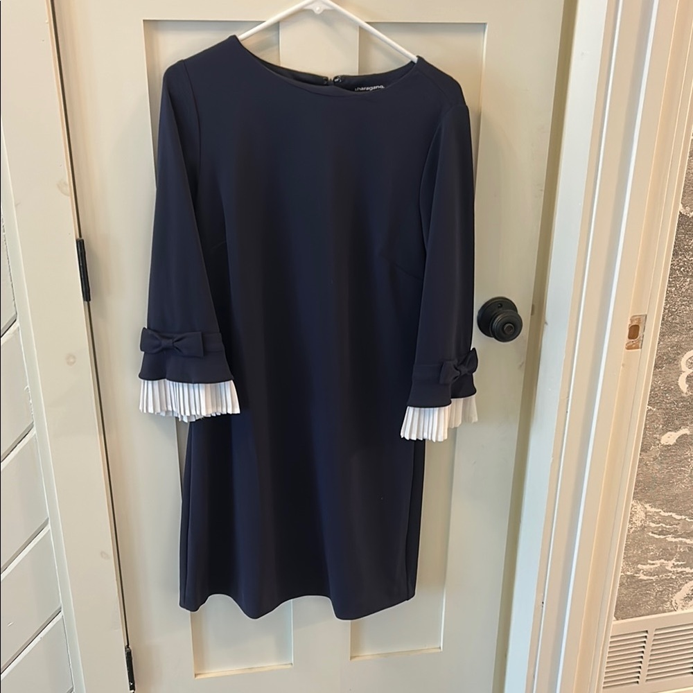Sharagano Blue and White Sheath Dress with Cuffed Long Sleeves